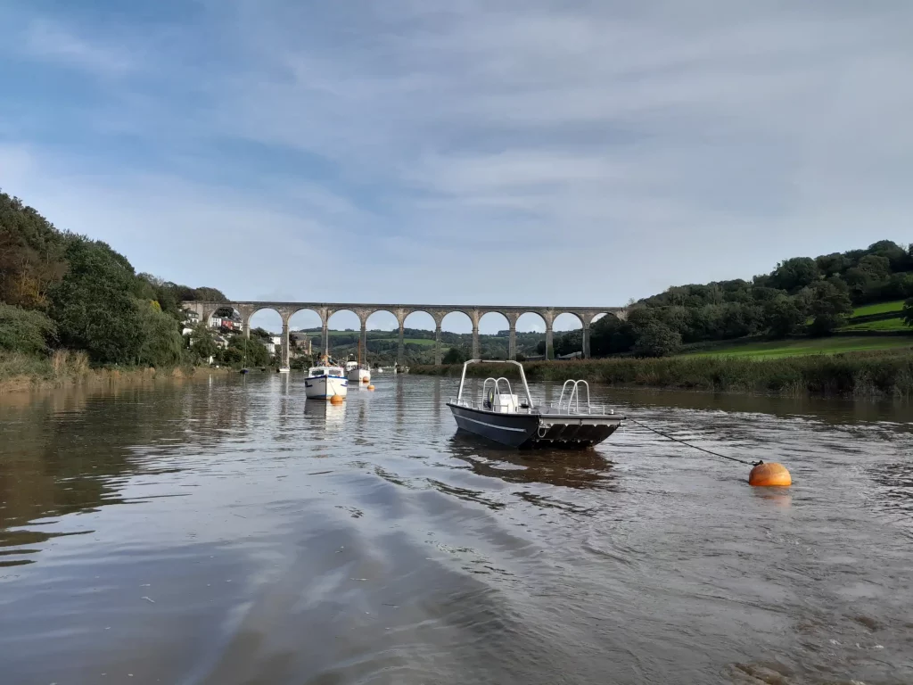 The Tamar river at Calstock with viaduct and ferry.